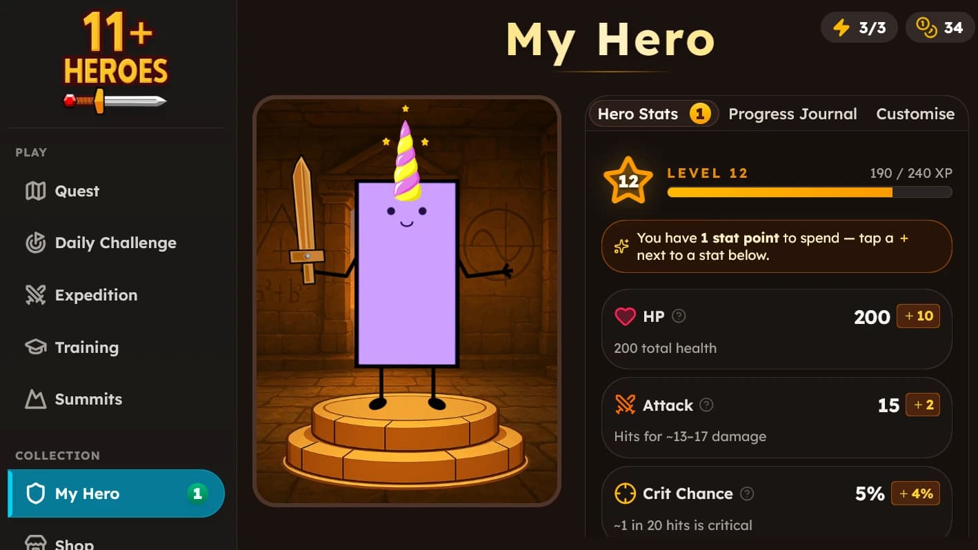 Screenshot of the My Hero screen showing levels and stats in the 11+ Heroes game