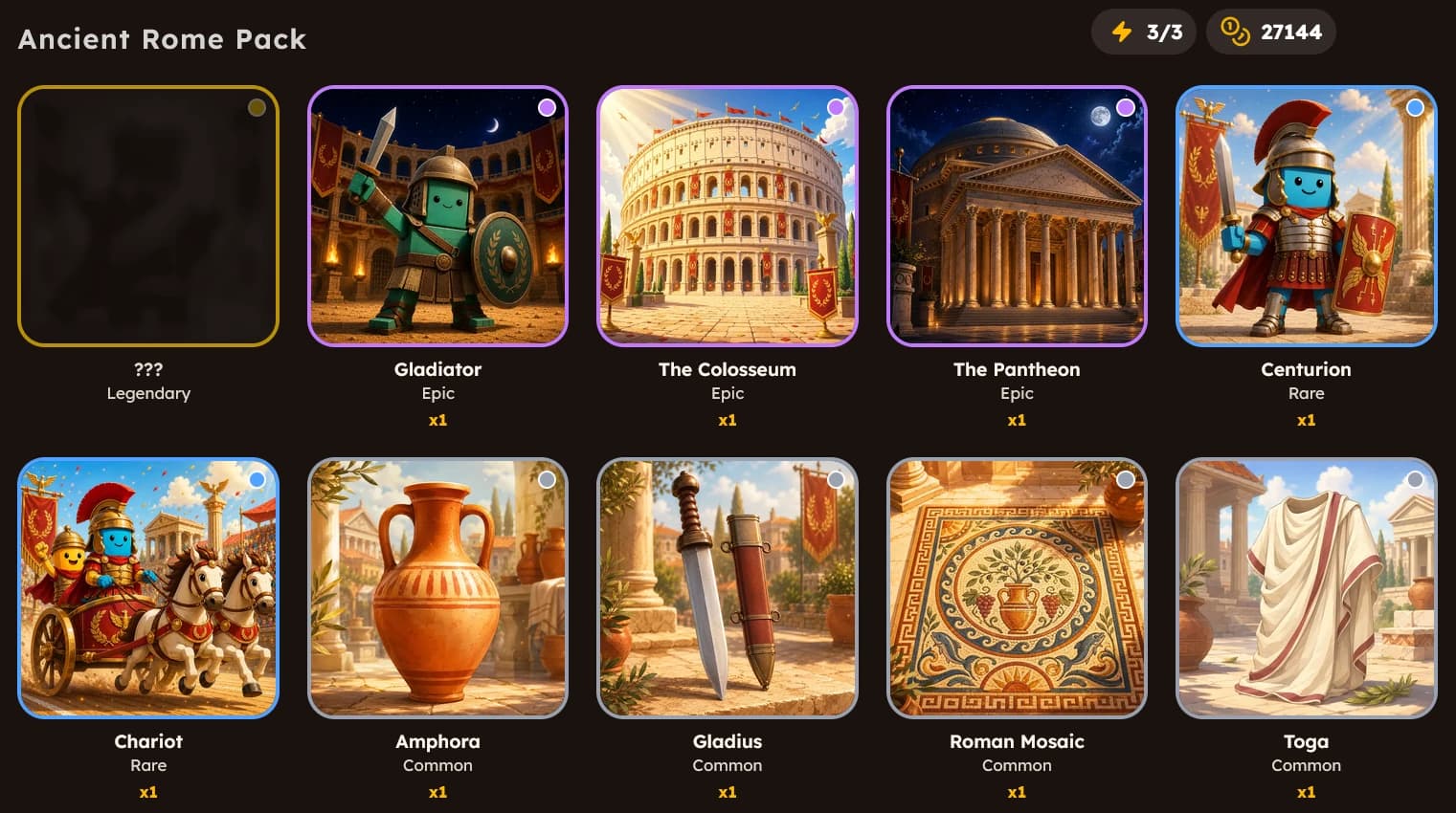Screenshot of a collectible Ancient Rome card pack in the 11+ Heroes game