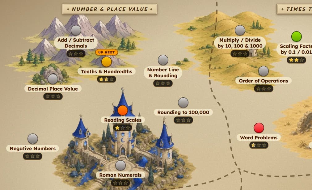 Screenshot of the 11+ Heroes world map